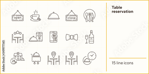 Table reservation line icon set. Dish on cart, catering, location pointer isolated outline sign pack. Restaurant business concept. Vector illustration symbol elements for web design.