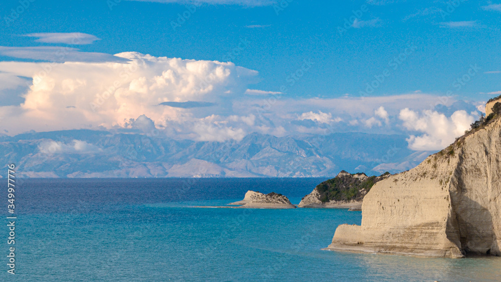 Logas Beach and amazing rocky cliff in Peroulades, Ionian island Corfu, Greece.