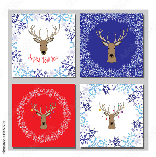 Set of Christmas cards with wreaths of snowflakes, Christmas balls and a deer. Beautiful tender happy new year greetings.