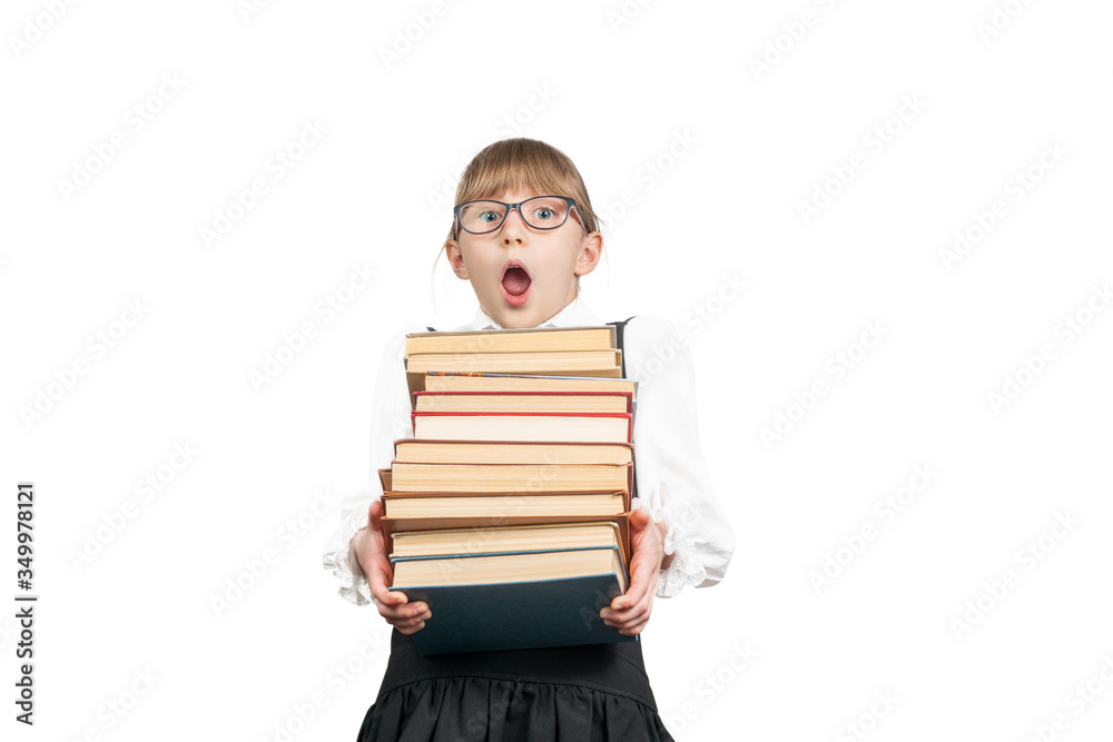 surprised schoolgirl with a stack of books surprised schoolgirl with a stack of books