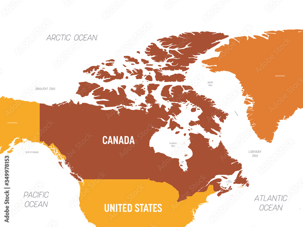 Obraz premium Canada map - brown orange hue colored on dark background. High detailed political map Canada and neighboring countries with country, ocean and sea names labeling