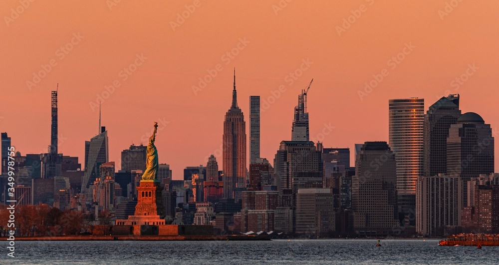 New York City downtown skyline sunset
