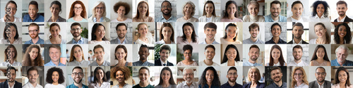 Multi ethnic people of different age looking at camera collage mosaic horizontal banner. Many lot of multiracial business people group smiling faces headshot portraits. Wide panoramic header design. photo