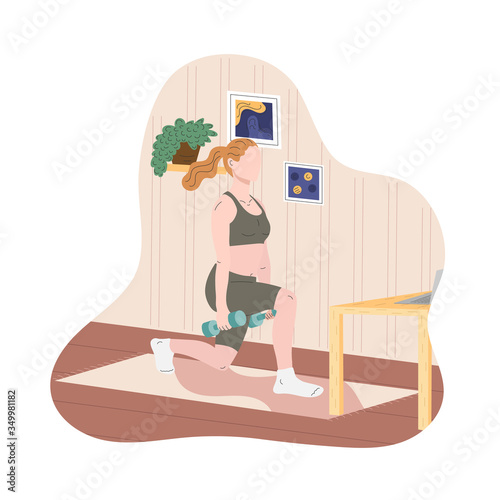 The girl is training at home, doing squats, watching videos on a laptop, training in the living room. Vector graphics