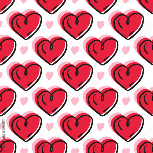 Beautiful voluminous red hearts with black contour isolated on white background. Cute seamless pattern. Hand drawn vector graphic illustration. Texture.