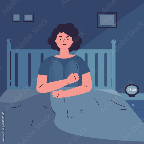 Depressed woman suffering from insomnia at night in her bedroom.A young woman with insomnia sits on a bed.Sad and angry girl thinks how to sleep.Flat cartoon character.Colorful vector illustration.