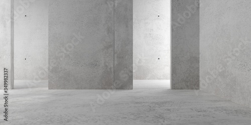 Abstract empty, modern concrete walls room with indirect lit backwall, center walls and rough floor - industrial interior or gallery background template