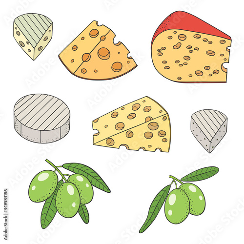Vector graphic illustration with cheese and olives on a white background