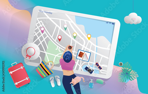 Travel planning concept. Top view on travel, woman preparing, packing checklist, a suitcase, credit card, map,  air ticket, camera, sunglasses, a cup of coffee, passport, tablet with a booking website