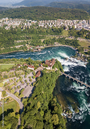 Aerial photography with drone of Rhine Falls with Schloss Laufen castle, Switzerland. Rhine Falls is the largest waterfalls in Europe © Yü Lan