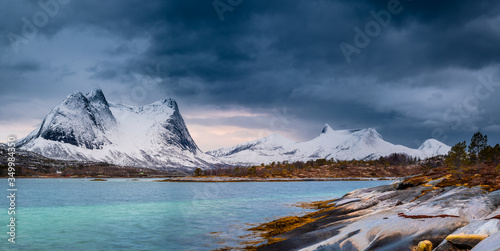 Stortinden in Ballangen area. A mountain on the road to Lofoten in the North of Norway. Landscape picture of a famous tourist area