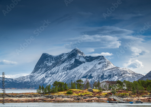 Stortinden in Ballangen area. A mountain on the road to Lofoten in the North of Norway. Landscape picture of a famous tourist area. View from the ferry from Bogenes - Skarberget © Lars