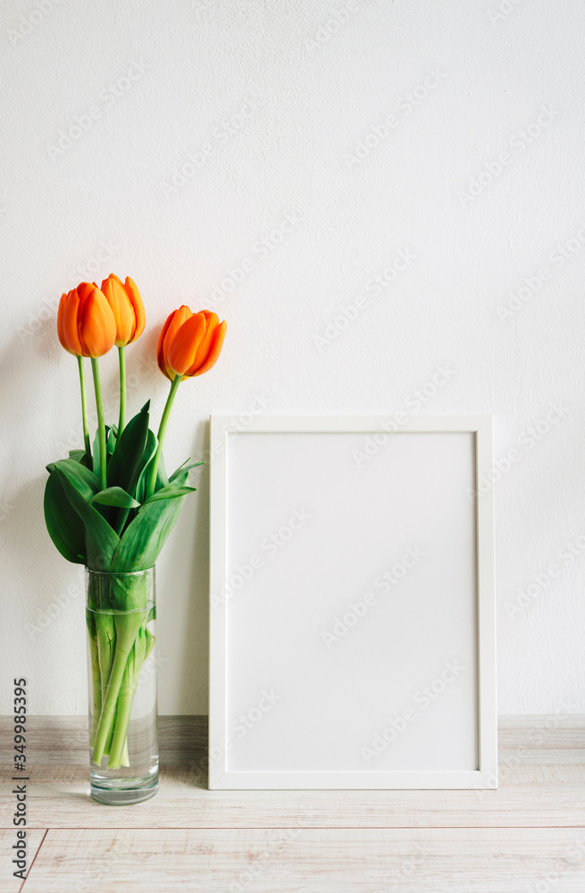 Poster white wooden frame mockup. Poster white wooden frame mockup.