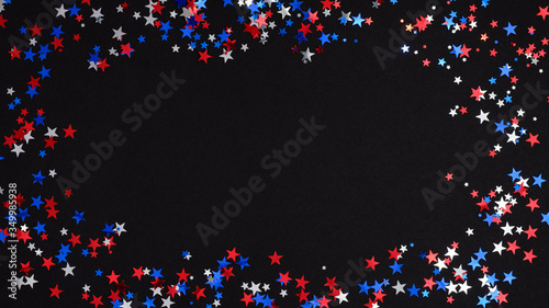 Fototapeta Naklejka Na Ścianę i Meble -  Frame of blue red white confetti. USA Independence Day decoration elements - confetti stars in national colors. 4th of July banner mockup.