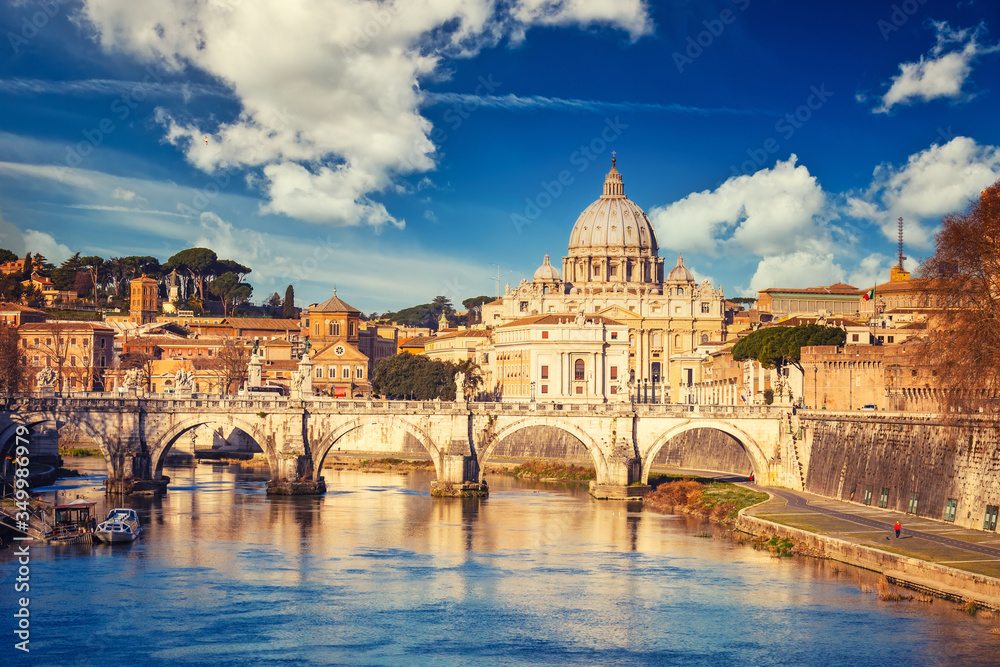 View at Tiber and St. Peter's cathedral in Rome at sunny day