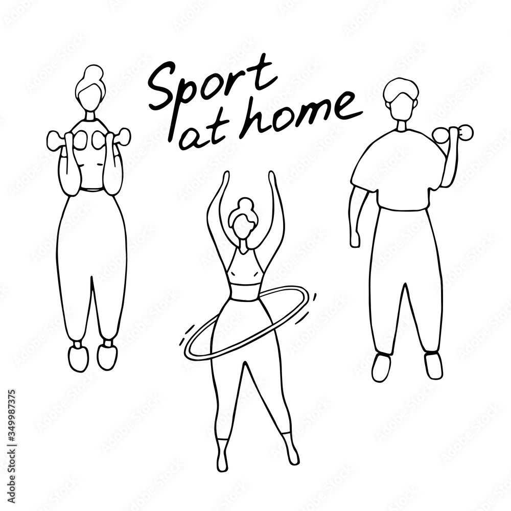 Male and female training, workout concept. Man and woman doing different sport exercises. Woman engaged pilates. Doodle vector illustration Male and female training, workout concept. Man and woman doing different sport exercises. Woman engaged pilates. Doodle vector illustration