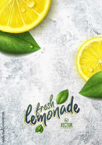 Vector realistic lemon illustration and leaves on white stone background