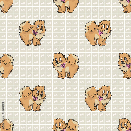 Hand drawn cute pomeranian breed puppy with pink bow seamless vector pattern. Purebred pedigree domestic dog on paw background. Dog lover spitz pet all over print. Kennel pooch. EPS 10. 