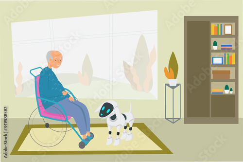 Robot helps and entertains the old man flat vector illustration. Robot assistant for handicapped, futuristic elderly care concept. Replacement of human labor, medicine automation.