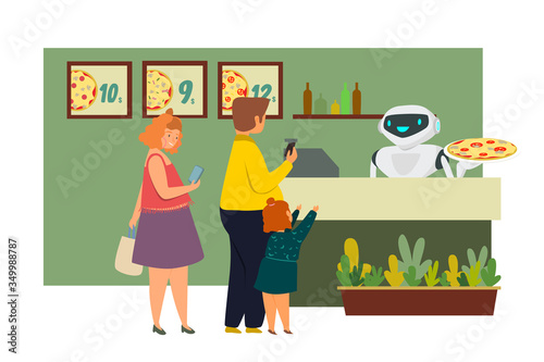 Robot in a pizzeria serves people flat vector illustration. The concept of replacing human labor and modern technologies in the service sector. Robot replaced man at the checkout in a cafe, restaurant