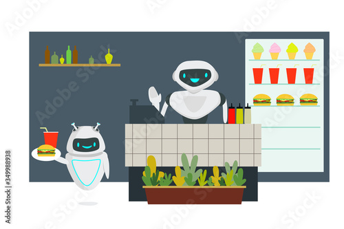 Two robot in fast food restaurant serves people flat vector illustration. Replacing human labor and modern technologies in the service sector concept. Robot replaced man at checkout in a cafe