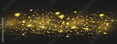 Sparkling magical dust particles. The dust sparks and golden stars shine with special light. Vector sparkles on a black background.