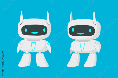Little robot, chat bot, robot assistance flat vector illustration. The concept of digital advisor, cyborg operator, chatterbox. Replacement of human labor, automation of support services.