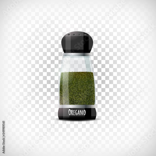 Vector illustration. Transparent spice container icon. Oregano shaker mockup. Realistic effect. Lettering Oregano. Design element on transparent background.