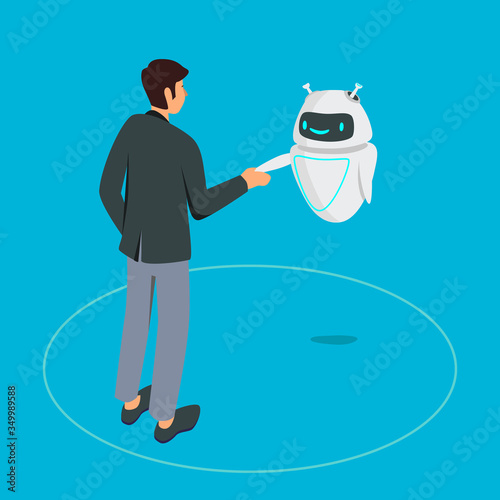 Digital advisor robot flat vector illustration. Сyborg operator, chatterbox concept, automation of support services, artificial intelligence concept. Robot shakes hands with a man.