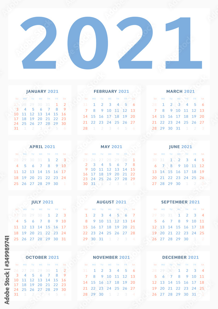 Wall calendar template for 2021 in a classic minimalist style. Week starts on Sunday. Business illustration. Monthly calendar. A1 format vertical. Ready to print