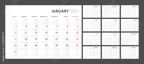 Wall quarterly calendar template for 2021 in a classic minimalist style. Week starts on Monday. Set of 12 months. Corporate Planner Template.