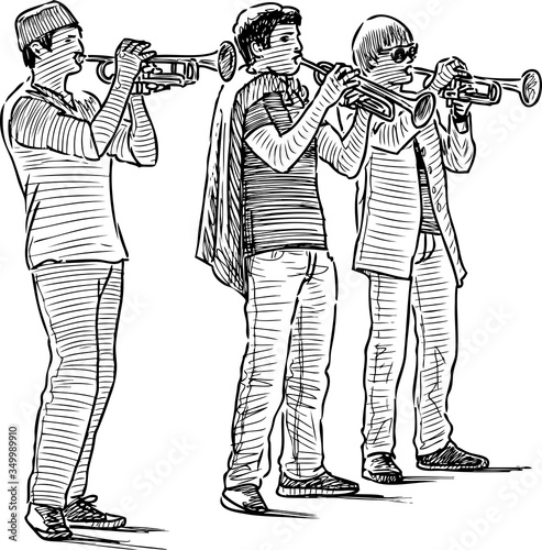 Sketch of a trio of young trumpeters playing outdoors