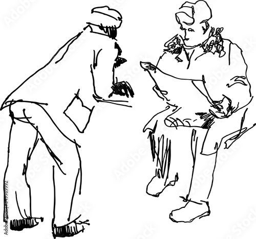 Sketch of two men with newpaper resting and talking outdoors