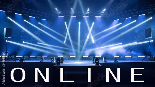 Stage for live concert Online transmission. Business concept for a concert online production broadcast in realtime as events happen. Stage for online live concert. Live streaming concert. Stage lights photo