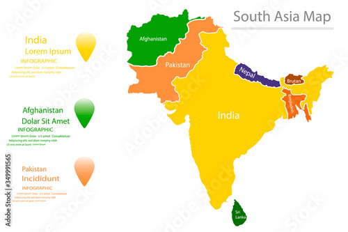 Map of South Asia with geographic boundaries of countries. Southern region of Asian continent and its territorial division. Modern infographic design template. Vector illustration for touristic guide.