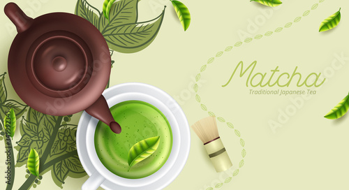 Healthy green matcha tea in bowl. Vector illustration