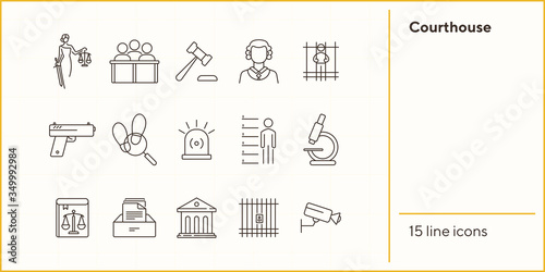 Courthouse line icon set. Jury bench, prison, criminal code. Justice concept. Can be used for topics like court, trial, crime