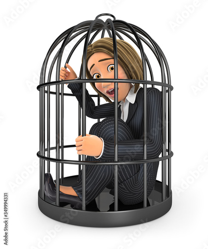 3d business woman locked in a cage
