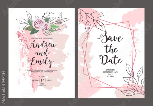 Wedding invitation card with abstract pastel pink background, hand drawn rose...