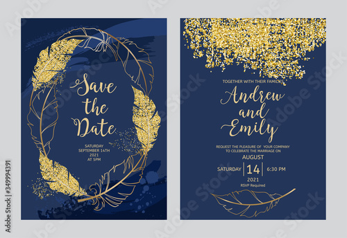 Wedding invitation card with abstract brush strokes background and gold feathers. Save the Date card template with gold glitter