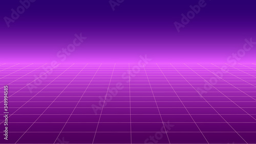 Synthwave background. Retro futuristic backdrop with perspective grid. Pink glow in distance. Geometric template. 80s style vector illustration.