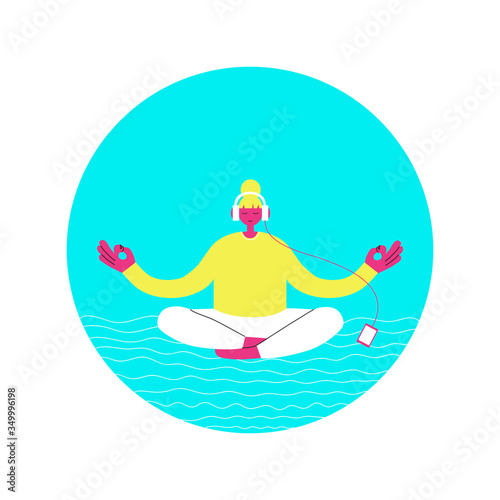 Yoga and mindfulness concept illustration. Guided meditation app vector flat illustration. Woman meditating in lotus pose