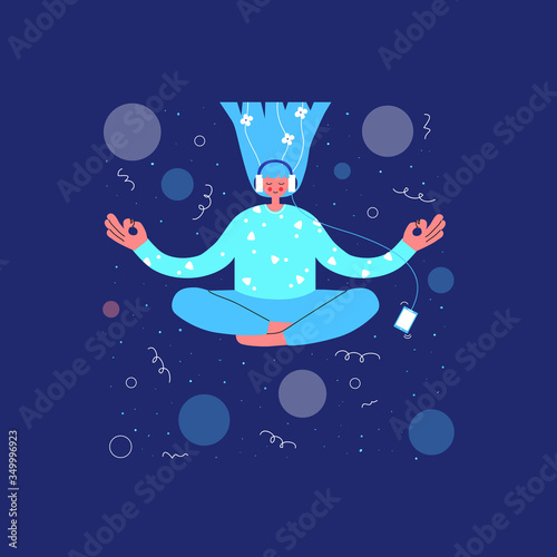 A young woman listening to a guided meditation on her phone and meditating before sleep.  Flat vector illustration for mindfulness app or online course