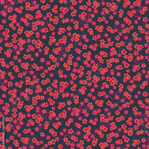 Pink pelargonies seamless vector pattern on dark. Decorative surface print design. For fabrics, stationery, scrapbook, gift wrapping paper, and packaging.