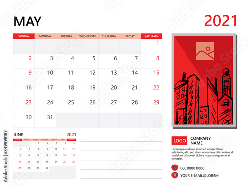 Calendar 2021 design, May month template, desk calendar 2021 layout, simple and clean design, advertisement, printing, Business template vector eps10, Red background