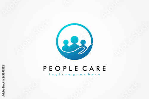 Abstract People Care Logo. Blue Human Icon with Circular Hand Symbol Around isolated on White Background. Flat Vector Logo Design Template Element.