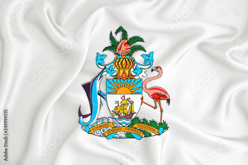 A developing white flag with the coat of arms of Bahamas. Country symbol. Illustration. Original and simple coat of arms in official colors and the right proportion