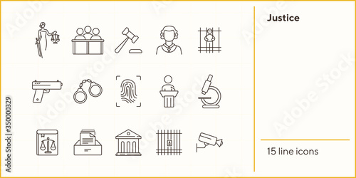 Justice line icon set. Video surveillance, fingerprint, courthouse. Justice concept. Can be used for topics like crime, trial, court, investigation