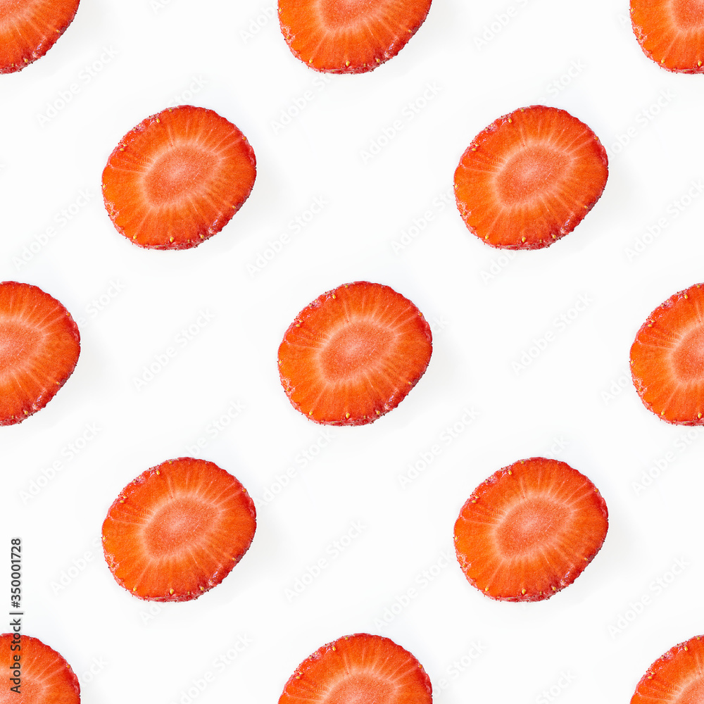 Photographic collage, seamless pattern with Isolated close up ripe red strawberry cut in half on a white background. Macro square image about fresh organic berries, harvets, healthy food and vitamin C Photographic collage, seamless pattern with Isolated close up ripe red strawberry cut in half on a white background. Macro square image about fresh organic berries, harvets, healthy food and vitamin C