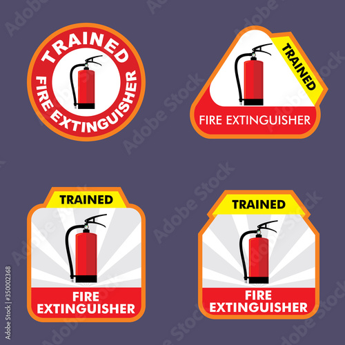 Trained of fire extinguisher training sticker design for attach at safety helmet. Construction work project and industrial.